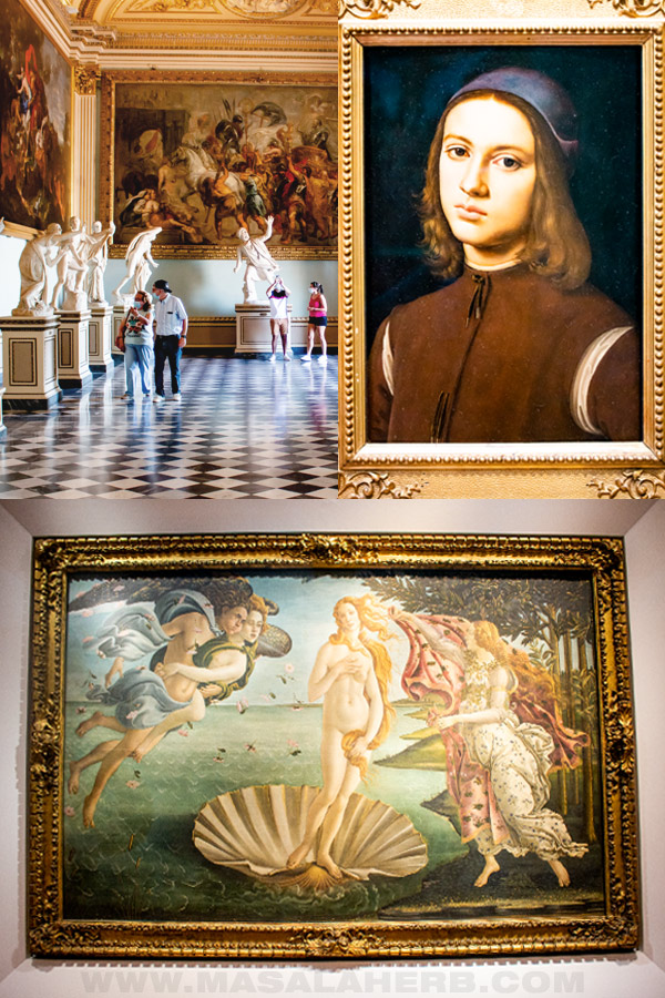 Galleria Uffizi statues, painting of a boy by Pietro Perugino, Birth of Venus by Botticelli.