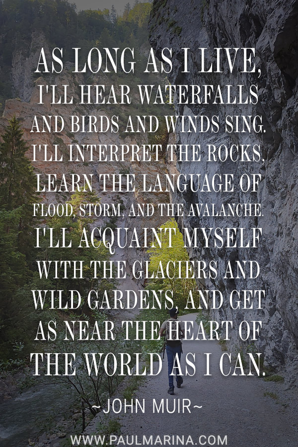 As long as I live, I'll hear waterfalls and birds and winds sing. I'll interpret the rocks, learn the language of flood, storm, and the avalanche. I'll acquaint myself with the glaciers and wild gardens, and get as near the heart of the world as I can.