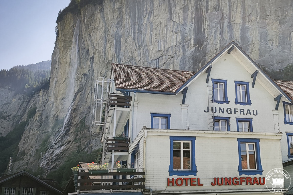 Jungfrau hotel with Staubbach waterfall in the back