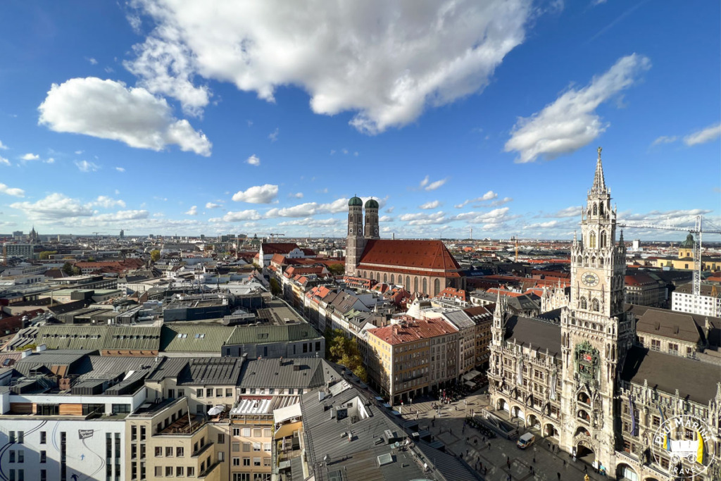 View of Munich from above, Marienplatz, New Town Hall, Frauenkirche cathedral.