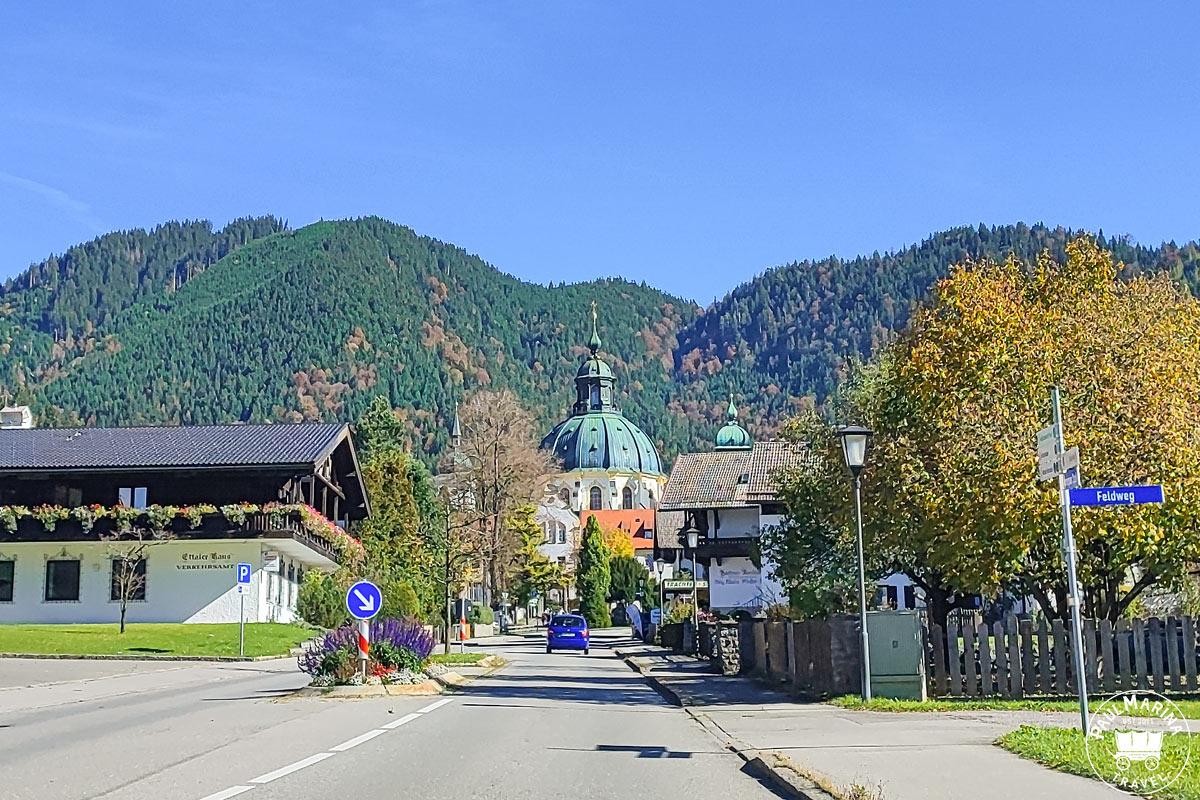 The village of Ettal with the Basilica dome seen from the road