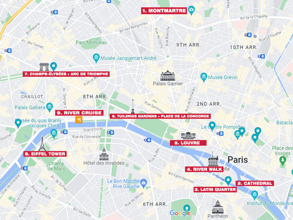 One Day in Paris itinerary Map