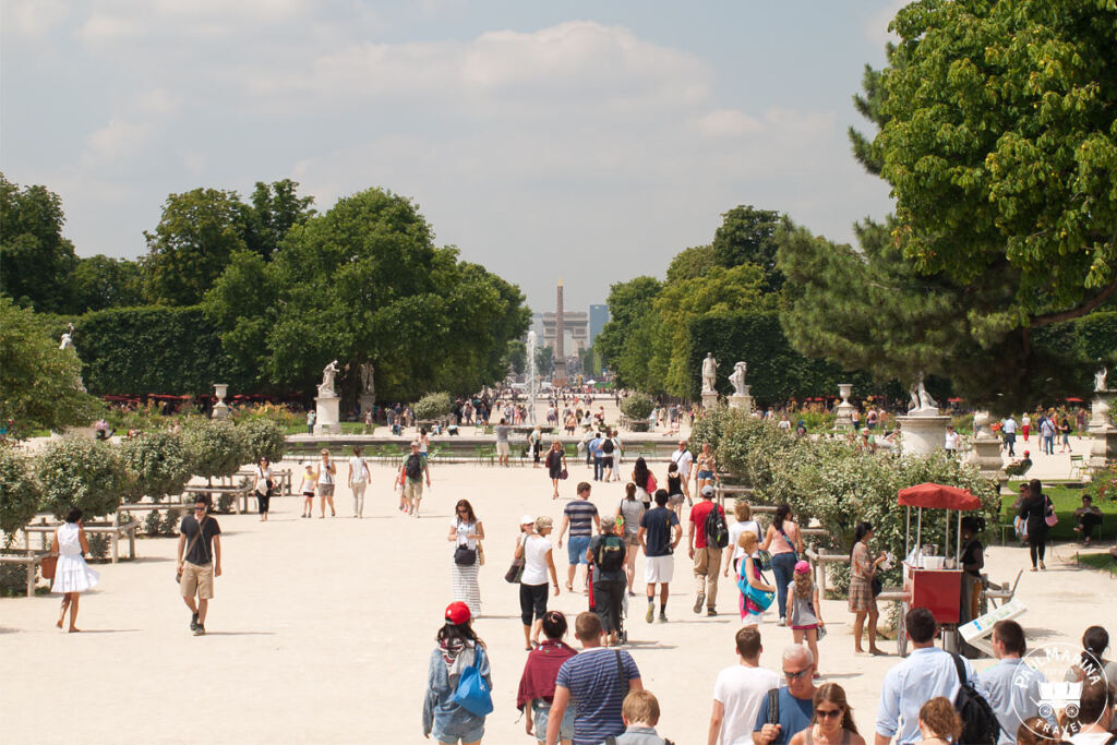 Tuileries Gardens with view to the Obelisk at the Place de la Concorde and in the distance Arc de Triomphe