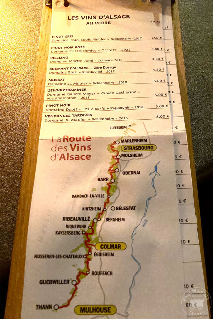 Wine prices in 2022 at a brasserie in Colmar Alsace