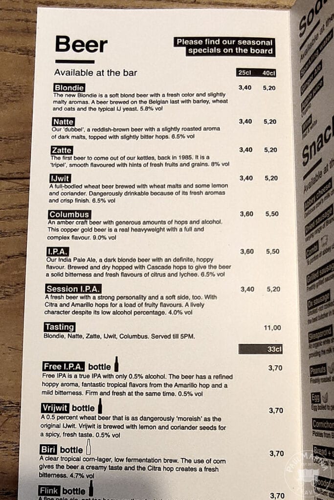 Beer menu in English at the Windmill pub in Amsterdam