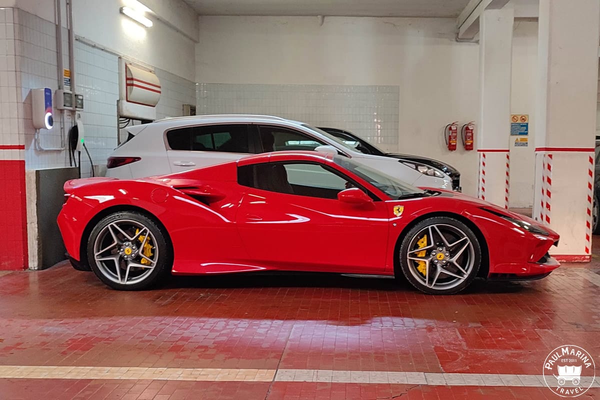 Ferrari in a parking garage in Italy