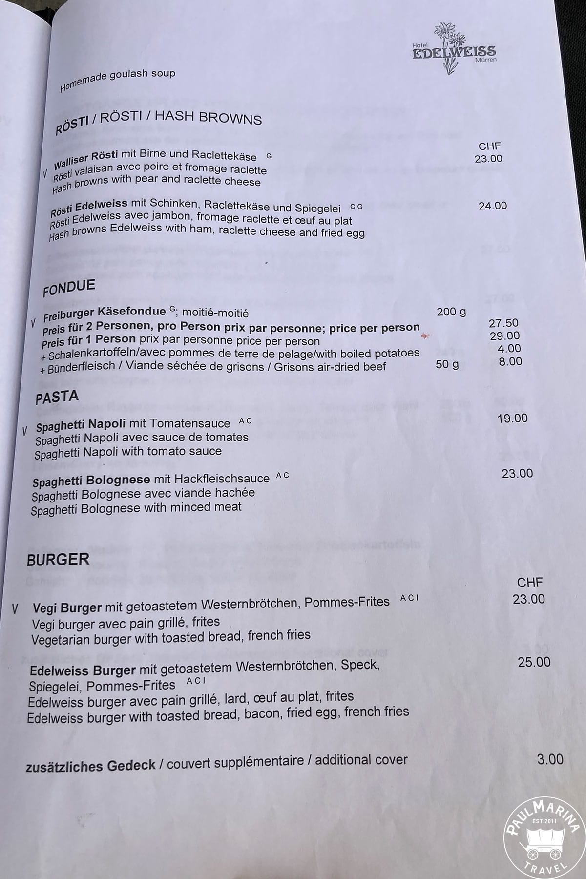A restaurant menu in Lauterbrunnen