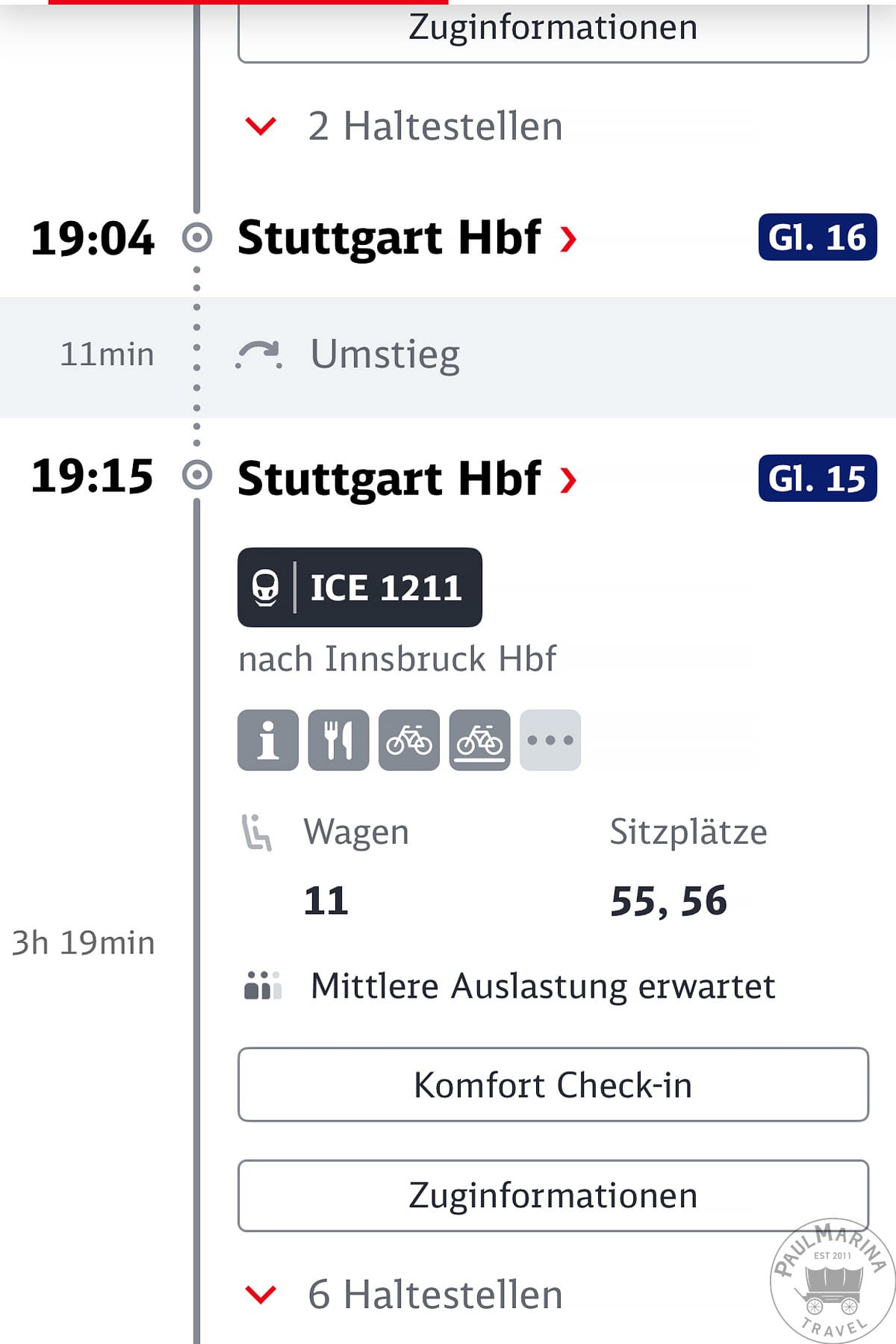 App train journey with train connection info